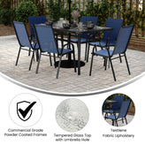 Brazos 7 Piece Commercial Grade Patio Dining Set with Tempered Glass Patio Table and 6 Chairs with Navy Flex Comfort Material Seats and Backs