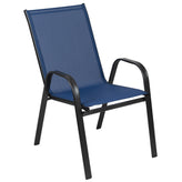 Brazos 7 Piece Commercial Grade Patio Dining Set with Tempered Glass Patio Table and 6 Chairs with Navy Flex Comfort Material Seats and Backs