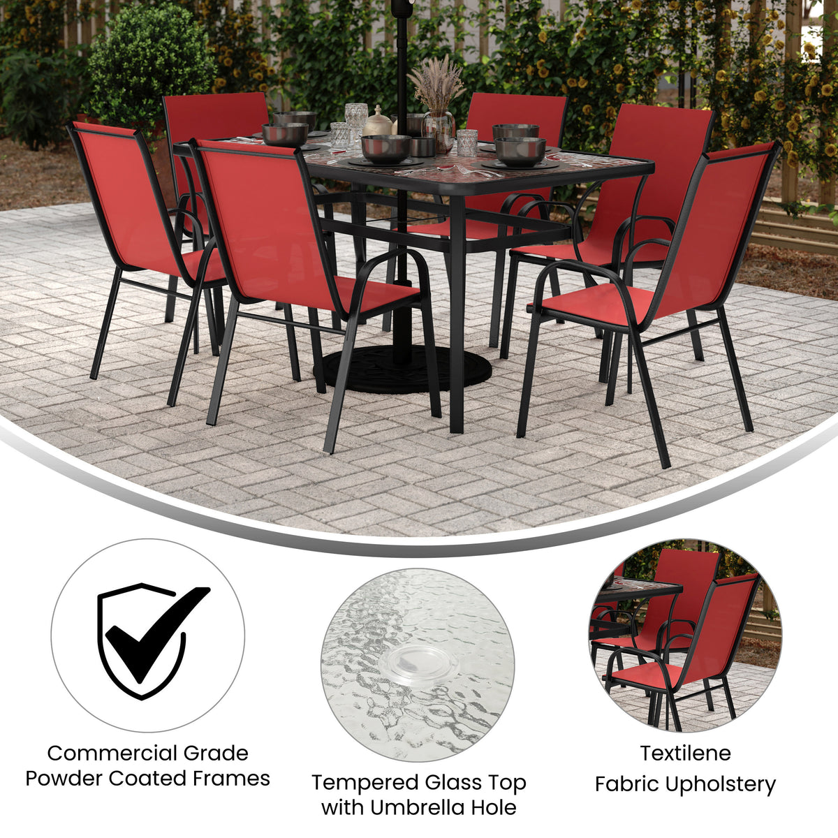 Brazos 7 Piece Commercial Grade Patio Dining Set with Tempered Glass Patio Table and 6 Chairs with Red Flex Comfort Material Seats and Backs