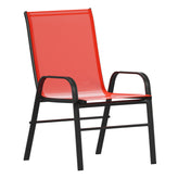 Brazos 7 Piece Commercial Grade Patio Dining Set with Tempered Glass Patio Table and 6 Chairs with Red Flex Comfort Material Seats and Backs
