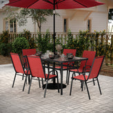 Brazos 7 Piece Commercial Grade Patio Dining Set with Tempered Glass Patio Table and 6 Chairs with Red Flex Comfort Material Seats and Backs