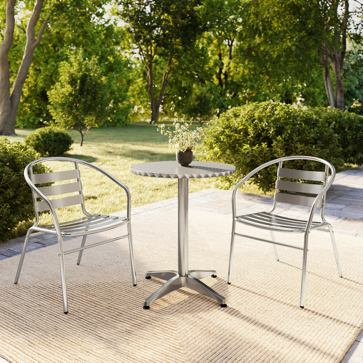 Lila 23.5'' Round Aluminum Indoor-Outdoor Table Set with 2 Slat Back Chairs