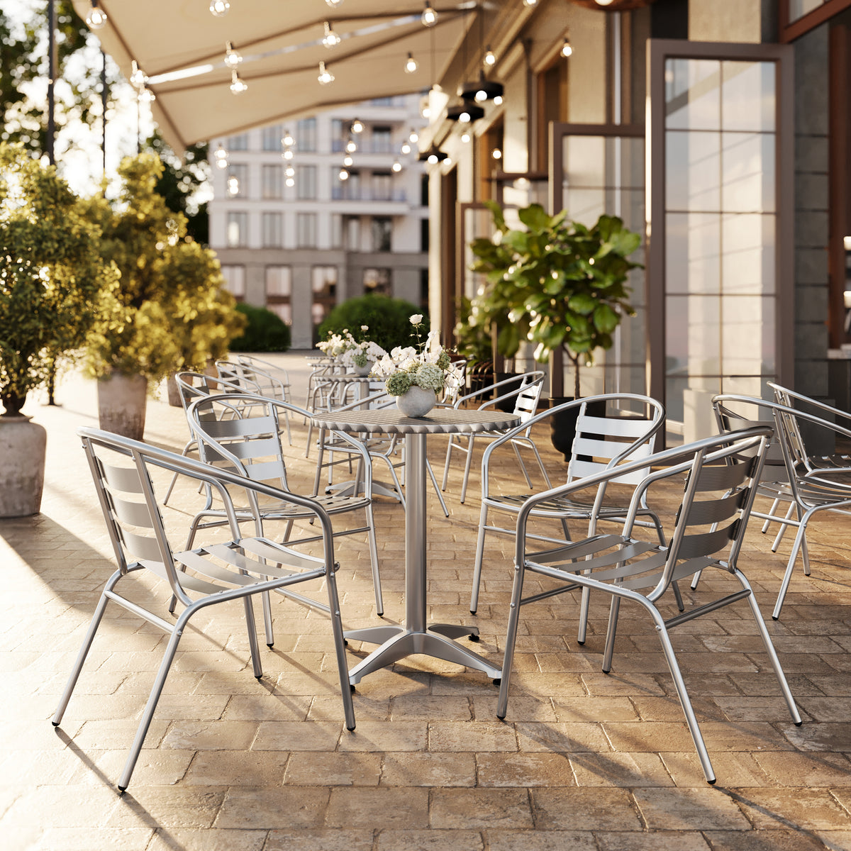 Lila 23.5'' Round Aluminum Indoor-Outdoor Table Set with 4 Slat Back Chairs