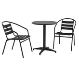Lila 23.5'' Black Round Aluminum Indoor-Outdoor Table Set with 2 Black Slat Back Chairs