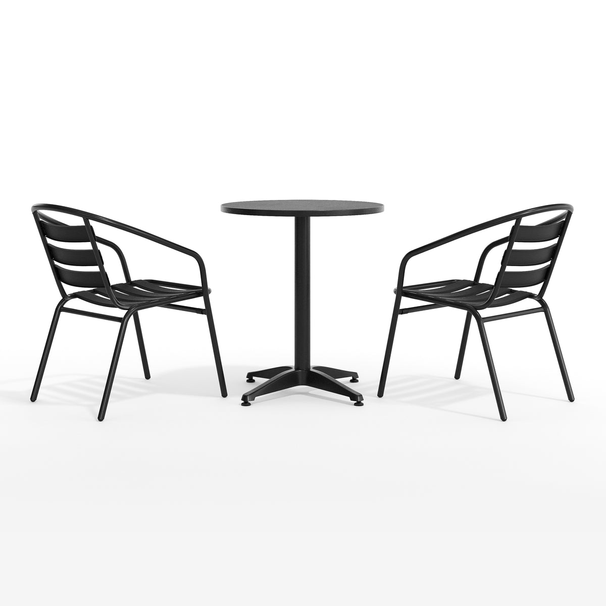 Lila 23.5'' Black Round Aluminum Indoor-Outdoor Table Set with 2 Black Slat Back Chairs