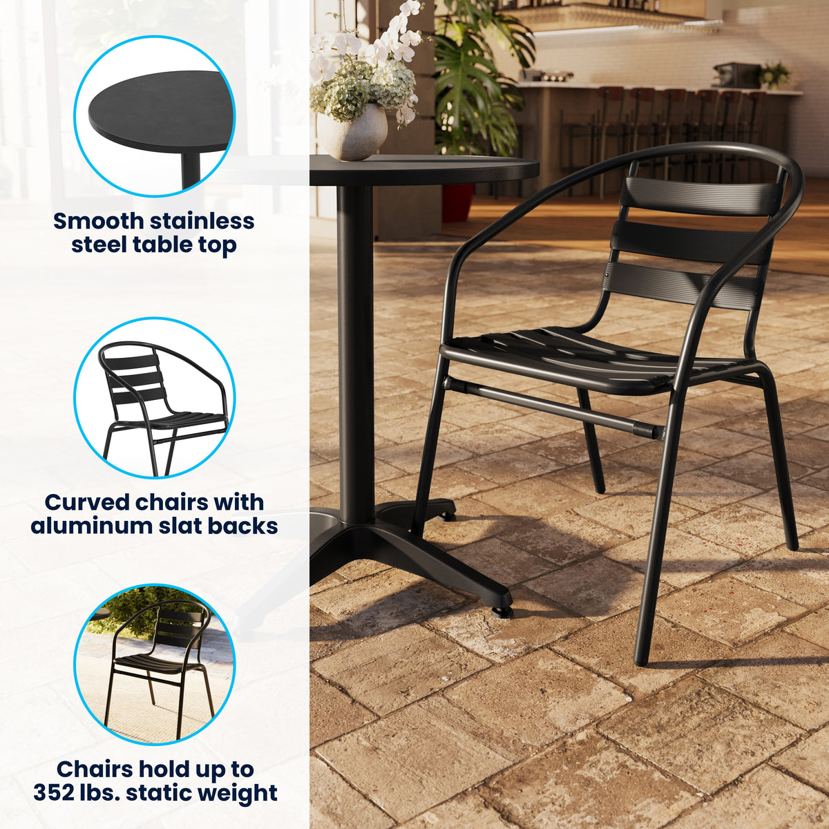 Lila 23.5'' Black Round Aluminum Indoor-Outdoor Table Set with 2 Black Slat Back Chairs