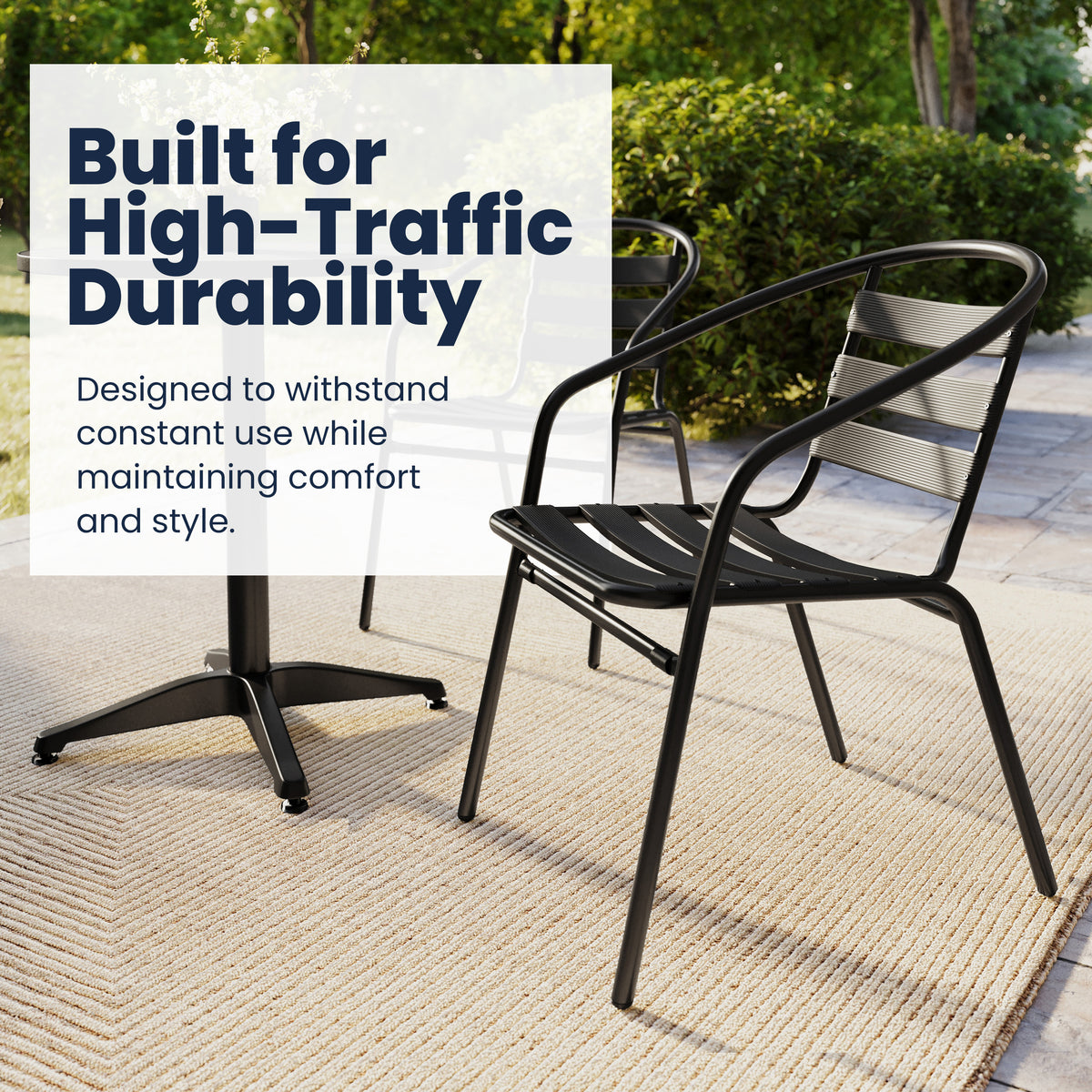 Lila 23.5'' Black Round Aluminum Indoor-Outdoor Table Set with 2 Black Slat Back Chairs