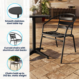 Lila 23.5'' Black Round Aluminum Indoor-Outdoor Table Set with 2 Black Slat Back Chairs