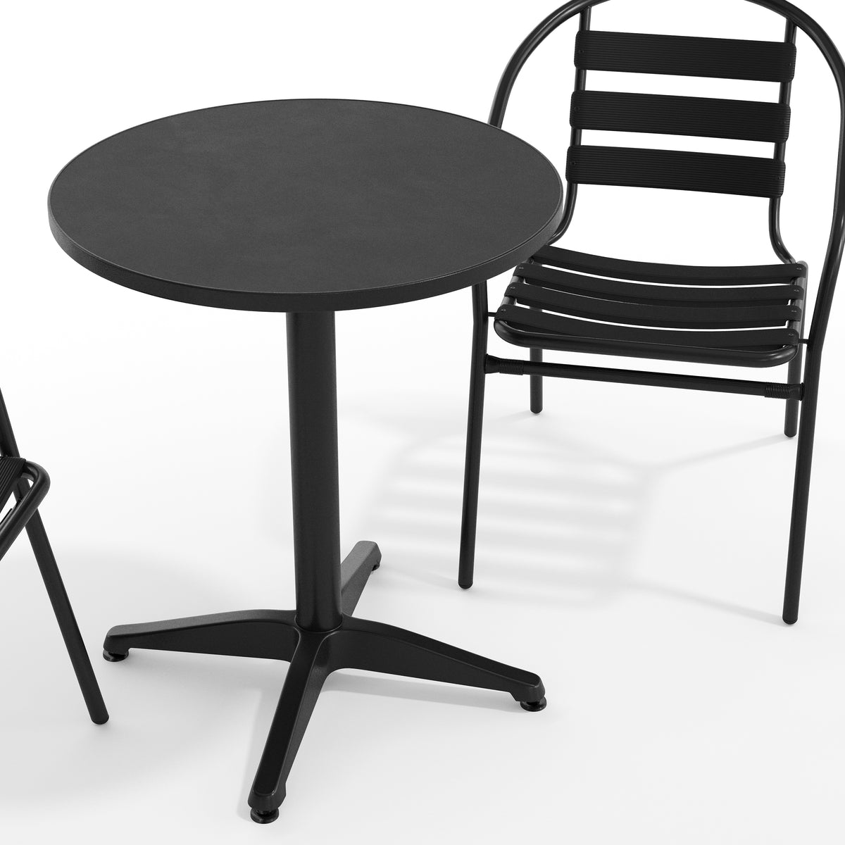 Lila 23.5'' Black Round Aluminum Indoor-Outdoor Table Set with 2 Black Slat Back Chairs
