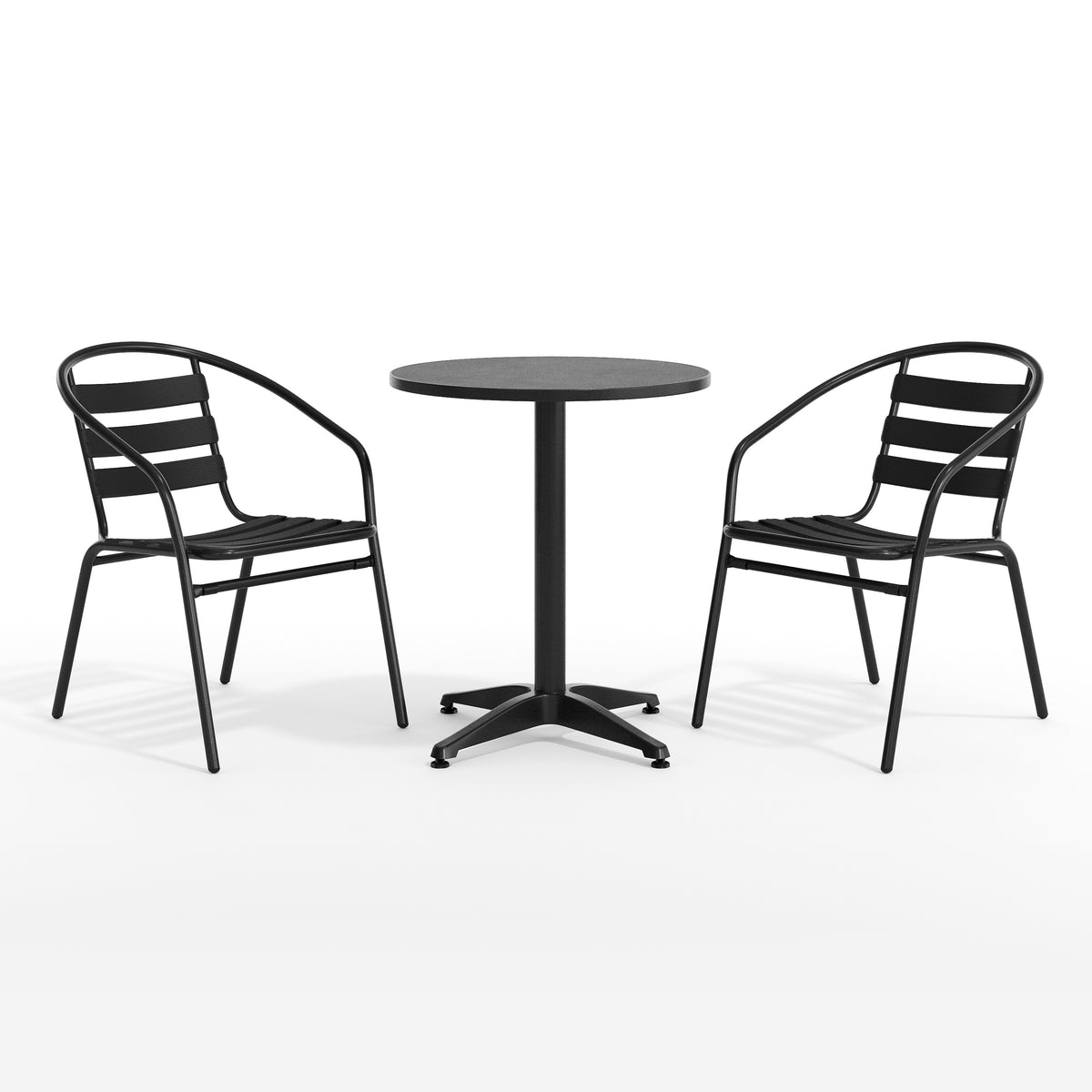 Lila 23.5'' Black Round Aluminum Indoor-Outdoor Table Set with 2 Black Slat Back Chairs