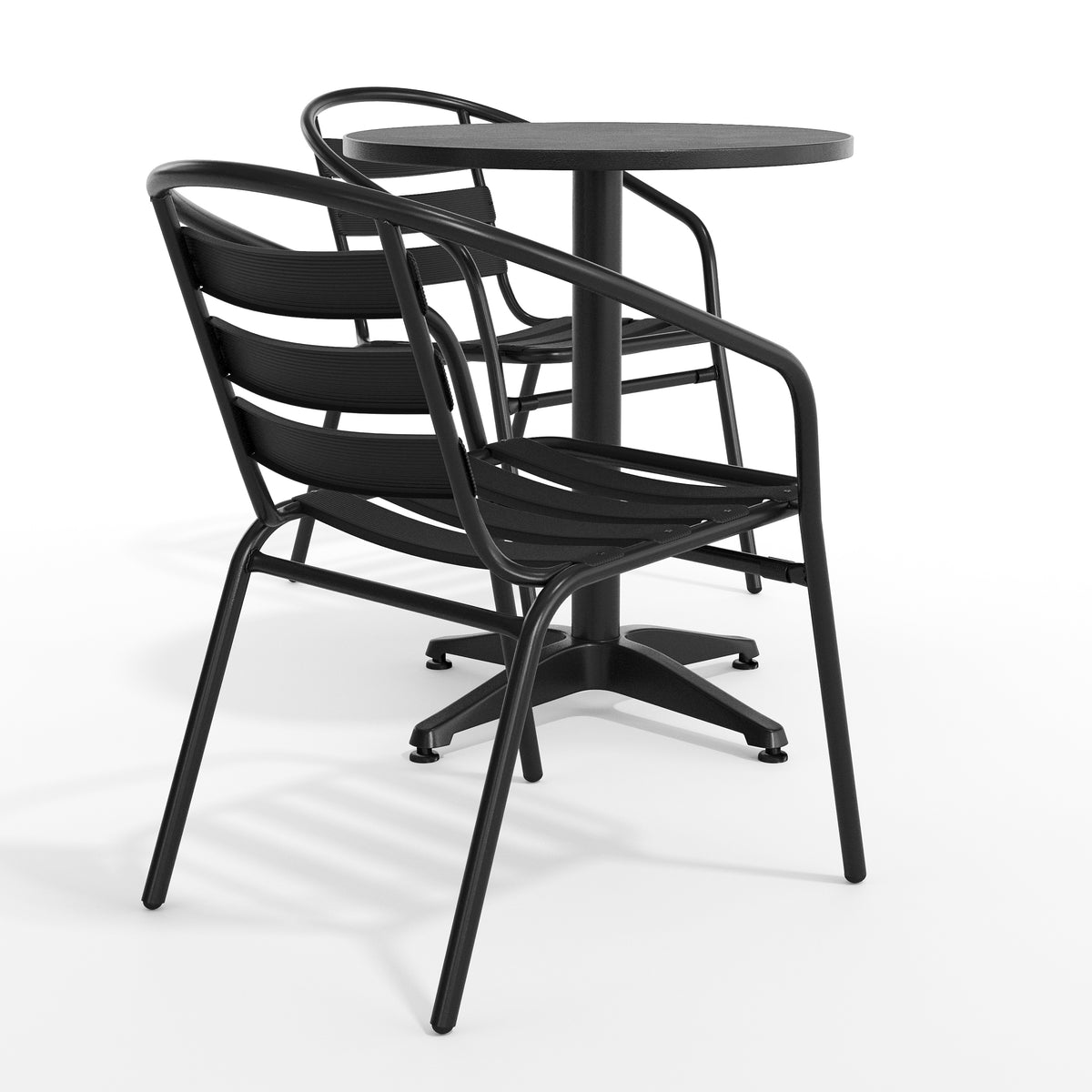 Lila 23.5'' Black Round Aluminum Indoor-Outdoor Table Set with 2 Black Slat Back Chairs