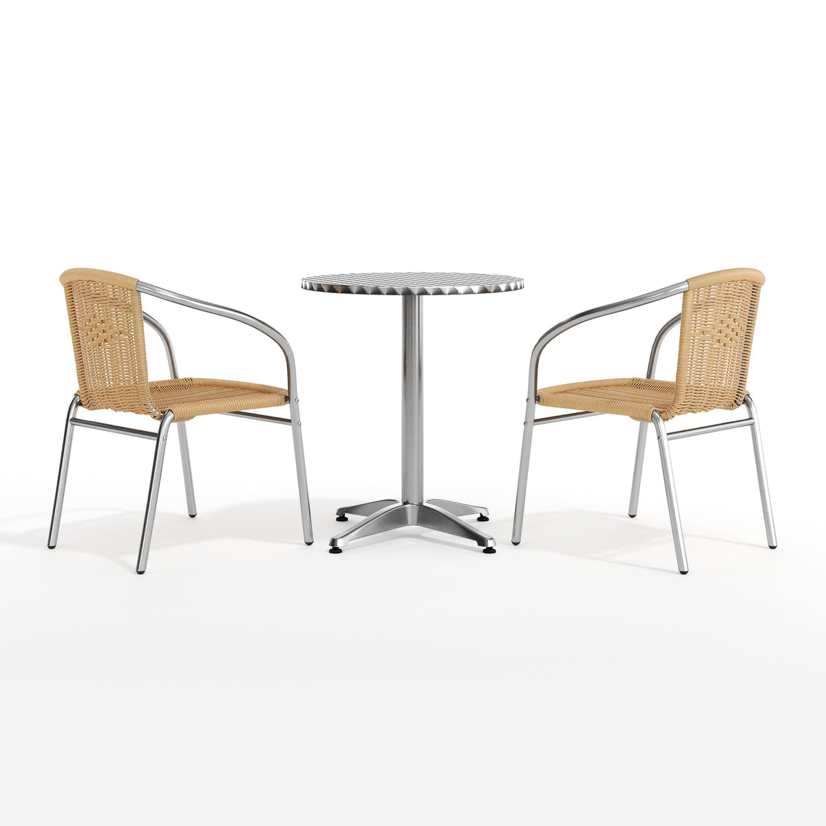 Lila 23.5'' Round Aluminum Indoor-Outdoor Table Set with 2 Beige Rattan Chairs