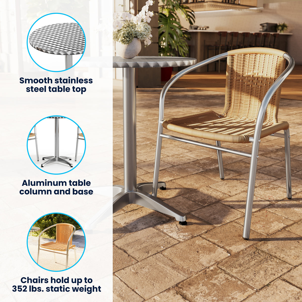 Lila 23.5'' Round Aluminum Indoor-Outdoor Table Set with 2 Beige Rattan Chairs