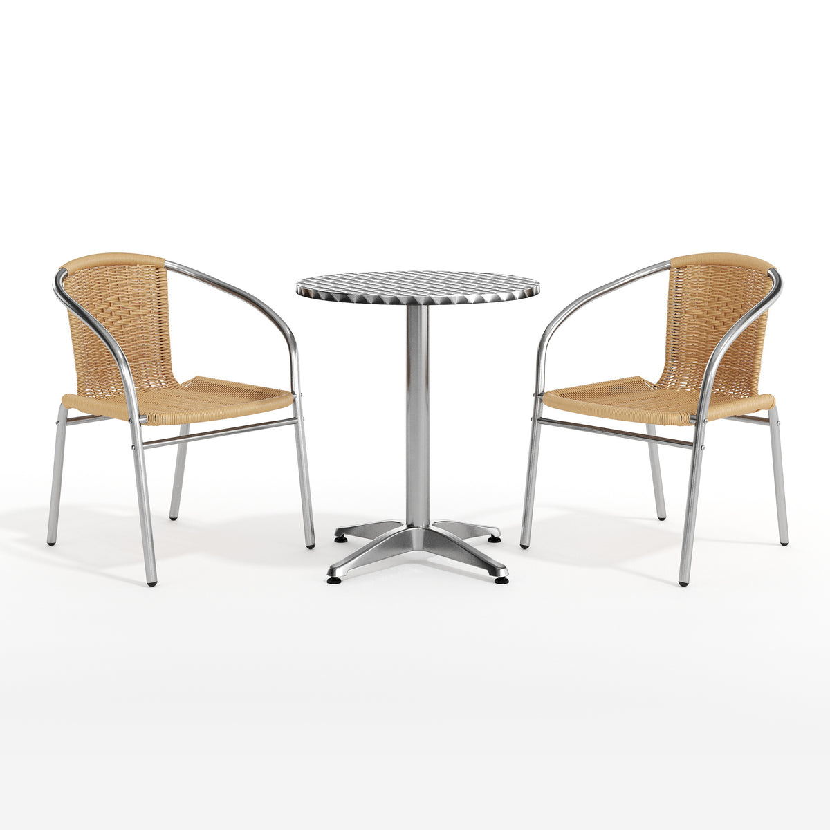 Lila 23.5'' Round Aluminum Indoor-Outdoor Table Set with 2 Beige Rattan Chairs