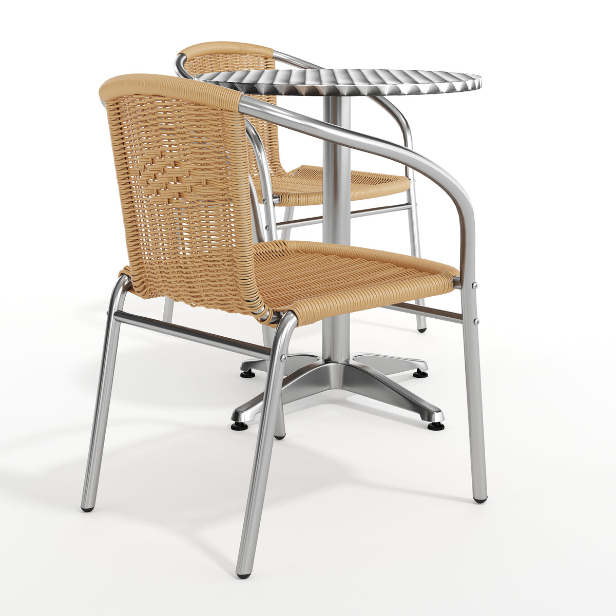 Lila 23.5'' Round Aluminum Indoor-Outdoor Table Set with 2 Beige Rattan Chairs