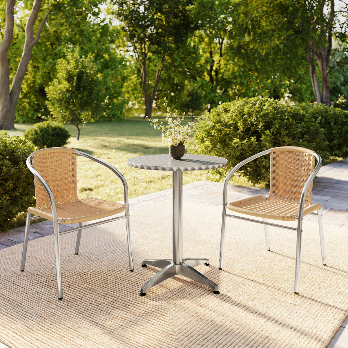 Lila 23.5'' Round Aluminum Indoor-Outdoor Table Set with 2 Beige Rattan Chairs