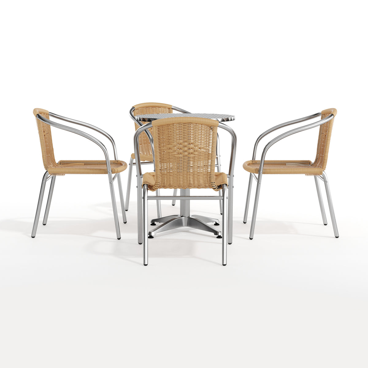 Lila 23.5'' Round Aluminum Indoor-Outdoor Table Set with 4 Beige Rattan Chairs