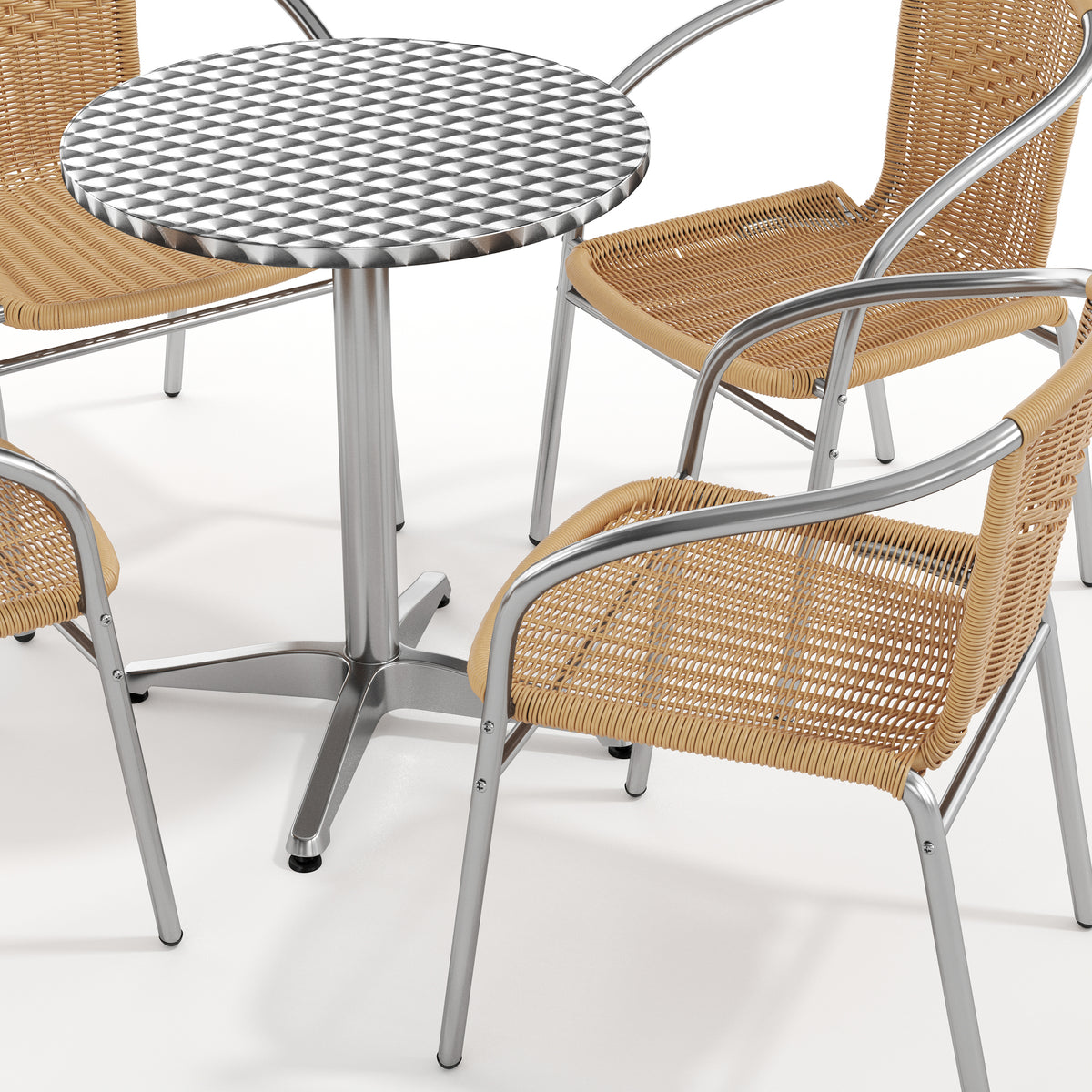 Lila 23.5'' Round Aluminum Indoor-Outdoor Table Set with 4 Beige Rattan Chairs