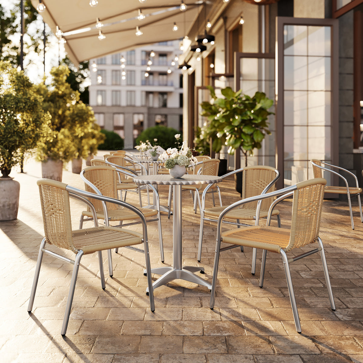 Lila 23.5'' Round Aluminum Indoor-Outdoor Table Set with 4 Beige Rattan Chairs