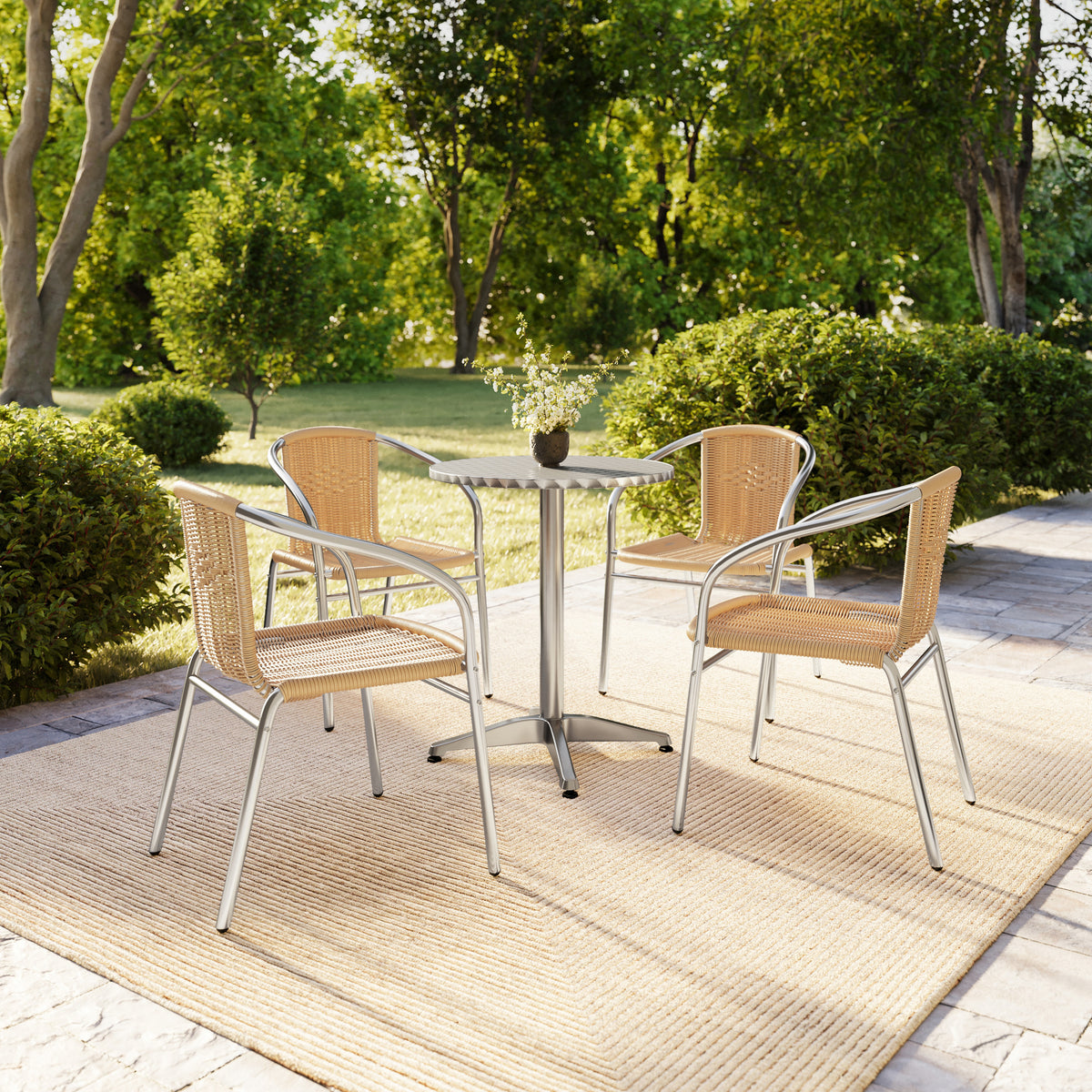 Lila 23.5'' Round Aluminum Indoor-Outdoor Table Set with 4 Beige Rattan Chairs