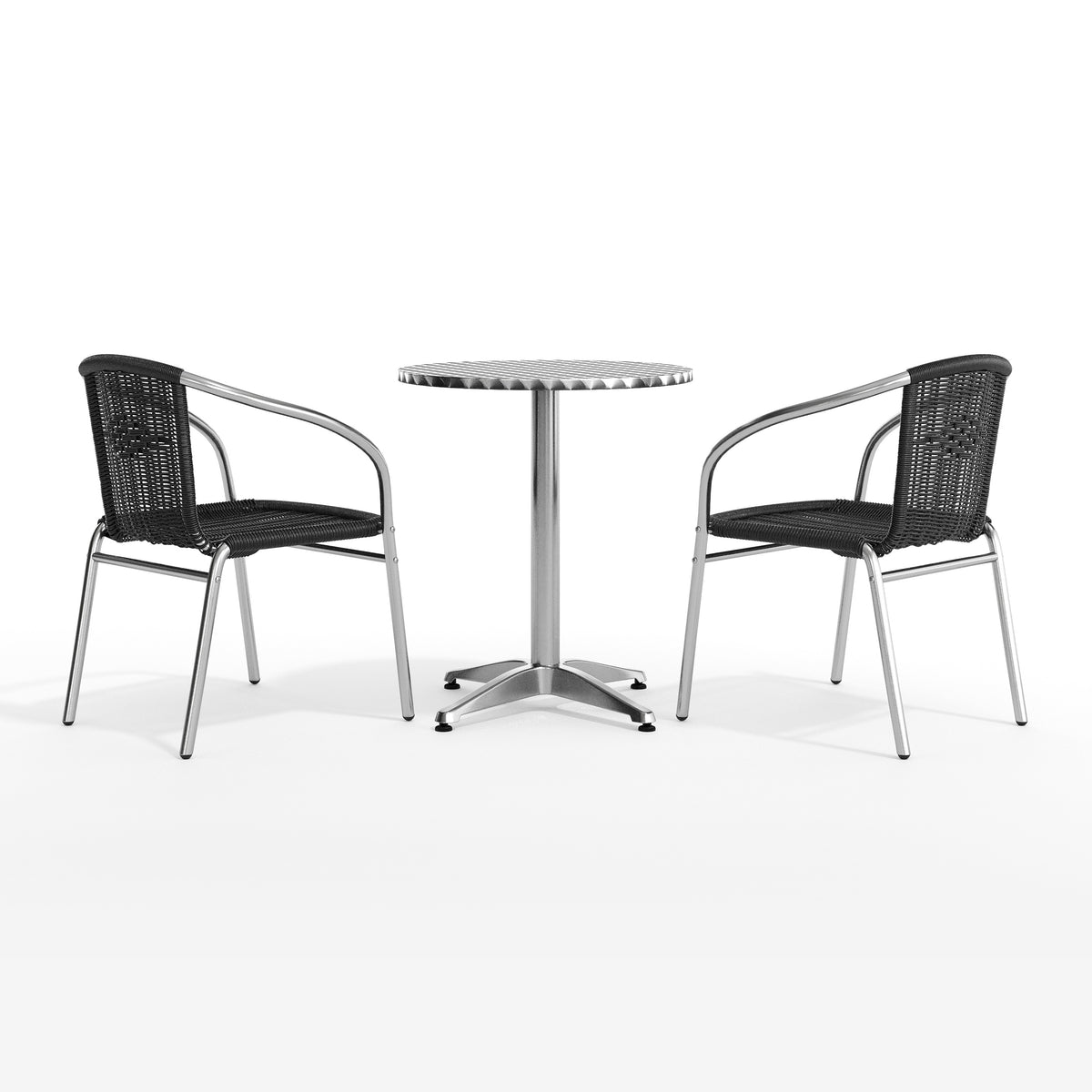 Lila 23.5'' Round Aluminum Indoor-Outdoor Table Set with 2 Black Rattan Chairs