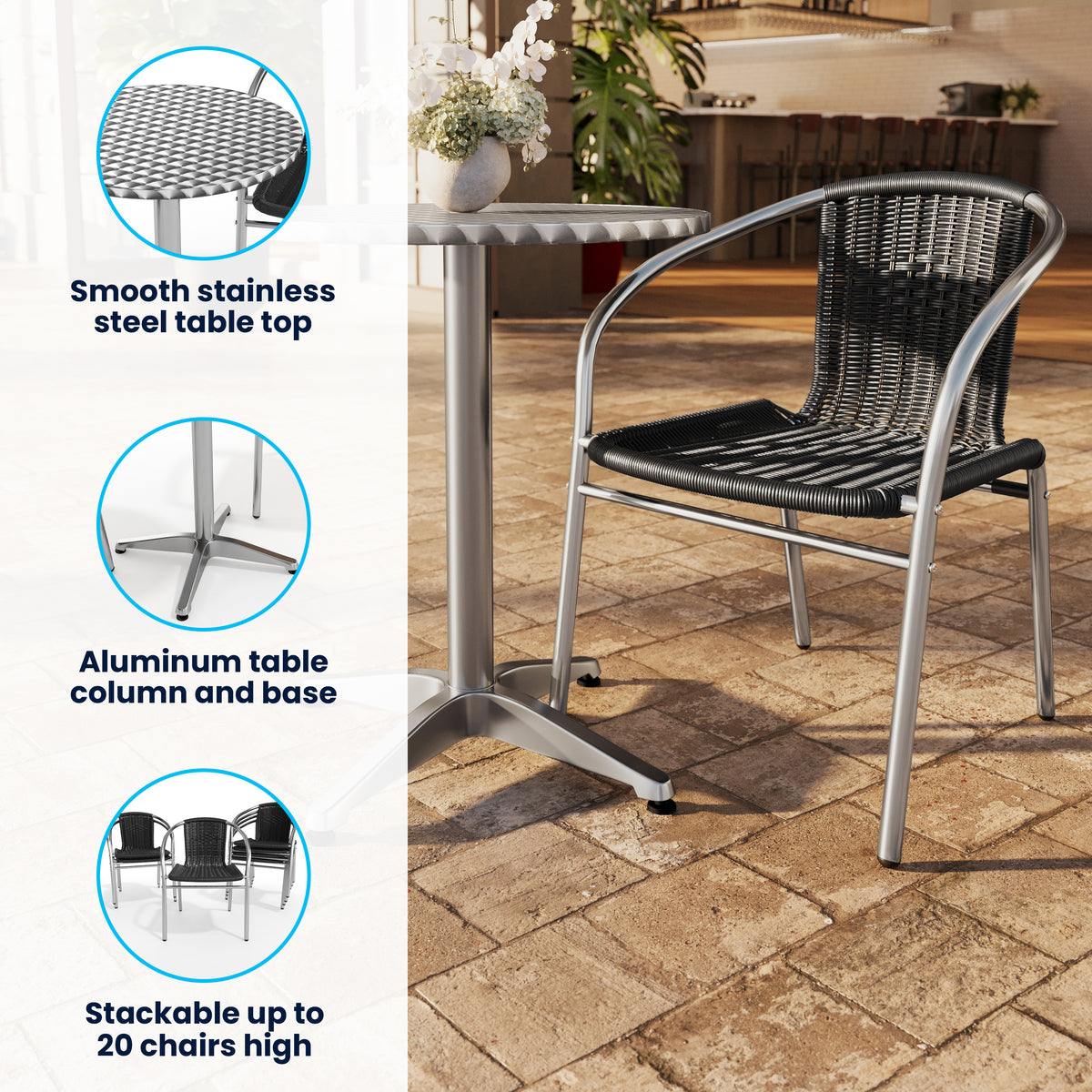 Lila 23.5'' Round Aluminum Indoor-Outdoor Table Set with 2 Black Rattan Chairs