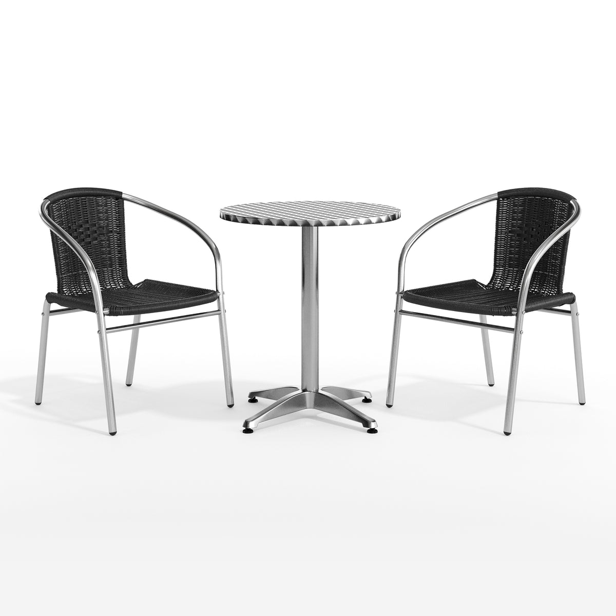 Lila 23.5'' Round Aluminum Indoor-Outdoor Table Set with 2 Black Rattan Chairs