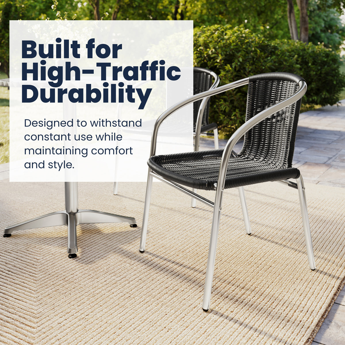 Lila 23.5'' Round Aluminum Indoor-Outdoor Table Set with 4 Black Rattan Chairs