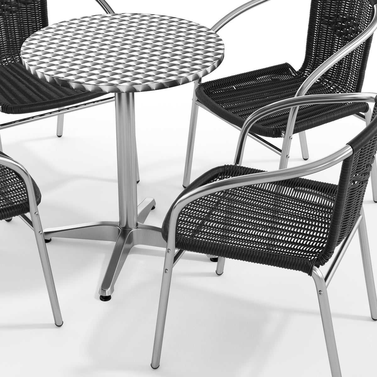 Lila 23.5'' Round Aluminum Indoor-Outdoor Table Set with 4 Black Rattan Chairs