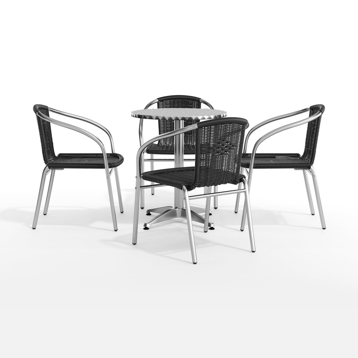 Lila 23.5'' Round Aluminum Indoor-Outdoor Table Set with 4 Black Rattan Chairs
