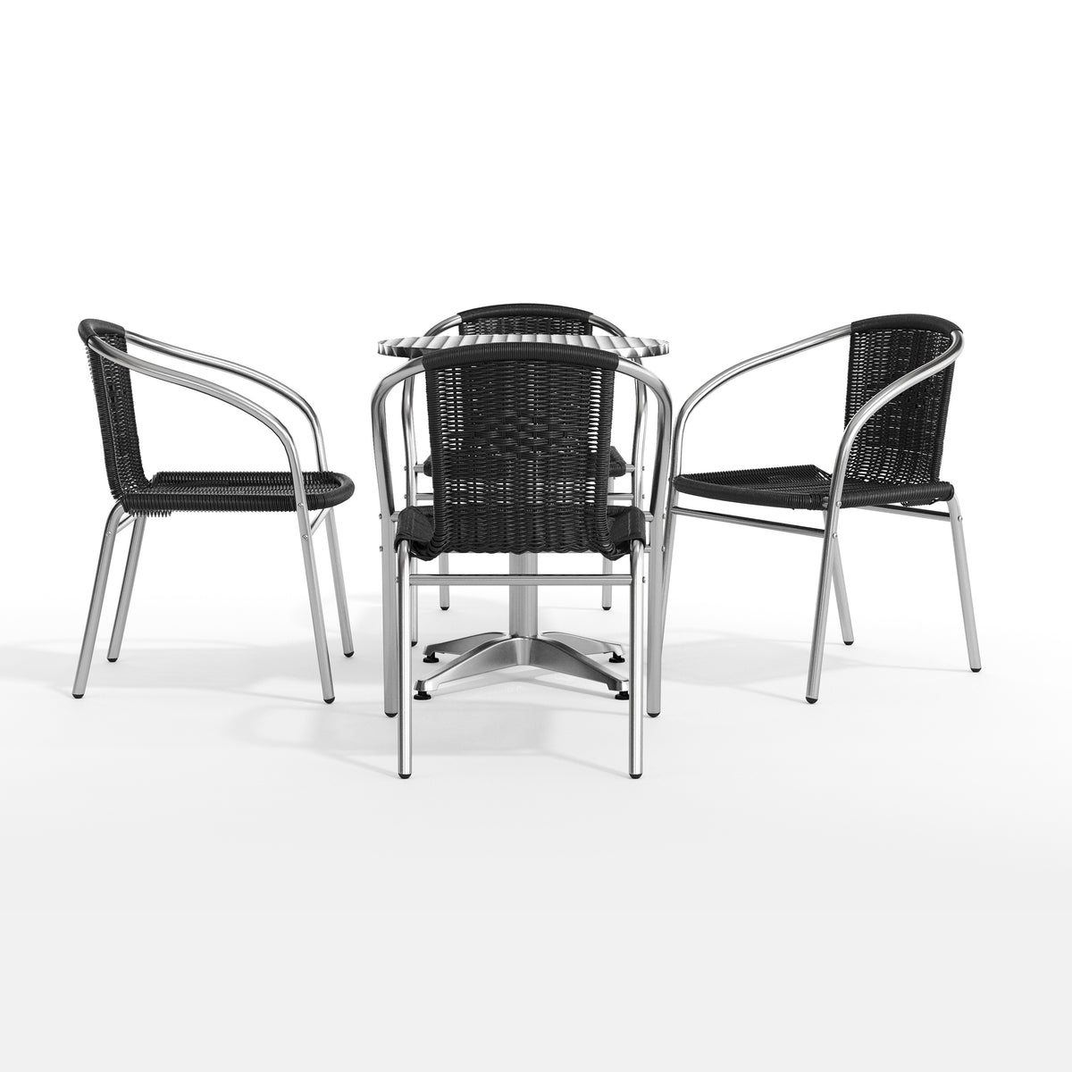 Lila 23.5'' Round Aluminum Indoor-Outdoor Table Set with 4 Black Rattan Chairs