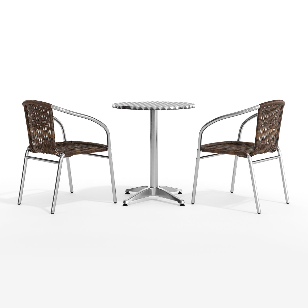 Lila 23.5'' Round Aluminum Indoor-Outdoor Table Set with 2 Dark Brown Rattan Chairs