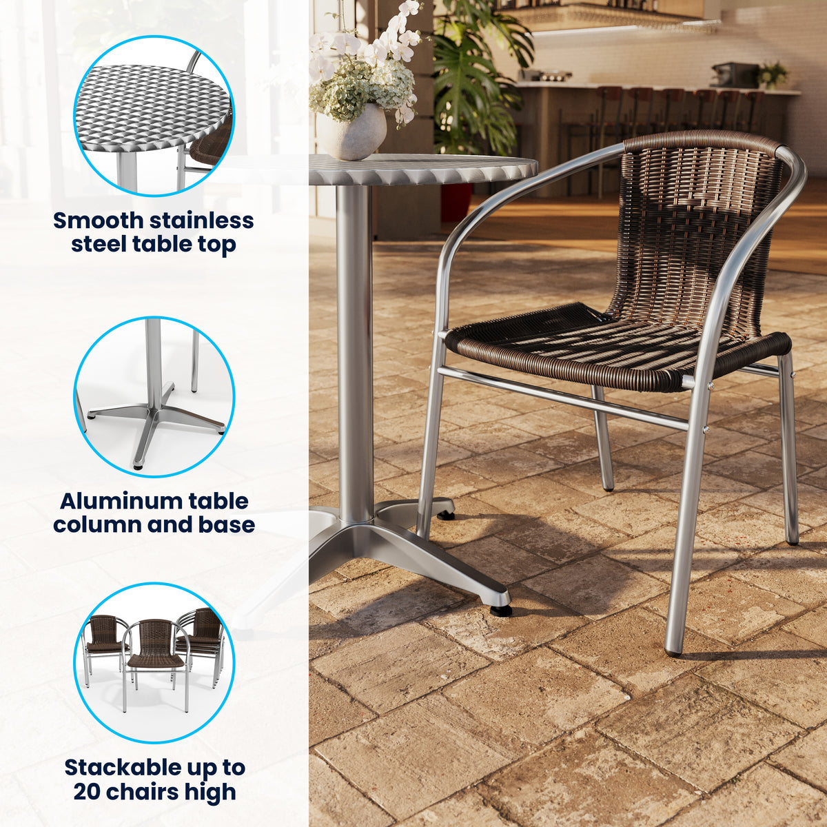 Lila 23.5'' Round Aluminum Indoor-Outdoor Table Set with 2 Dark Brown Rattan Chairs
