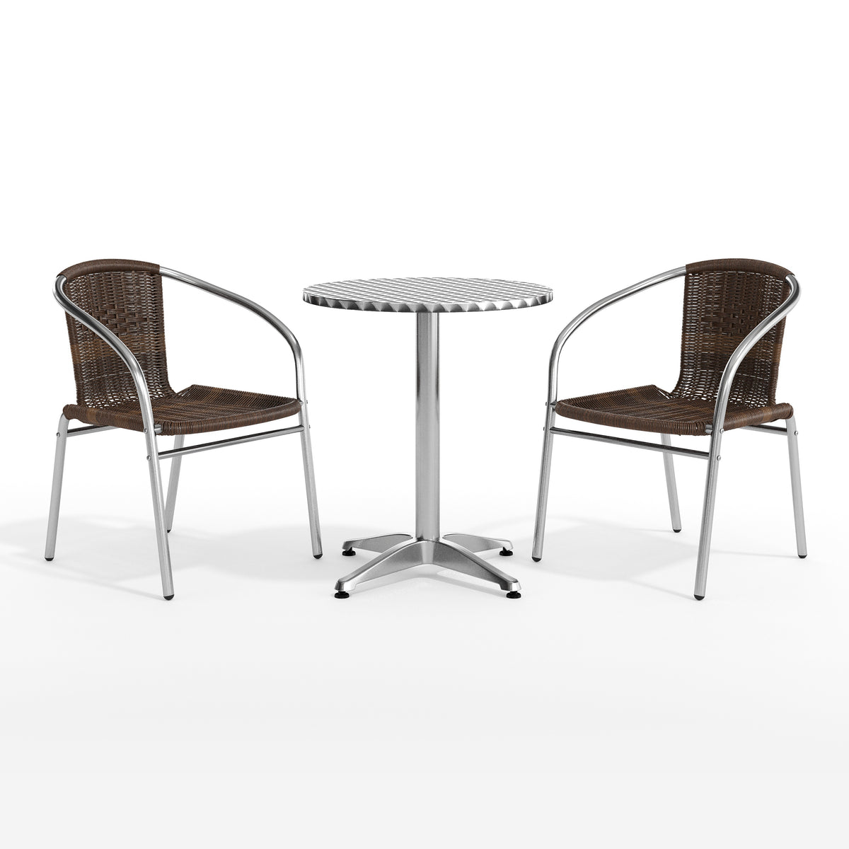 Lila 23.5'' Round Aluminum Indoor-Outdoor Table Set with 2 Dark Brown Rattan Chairs