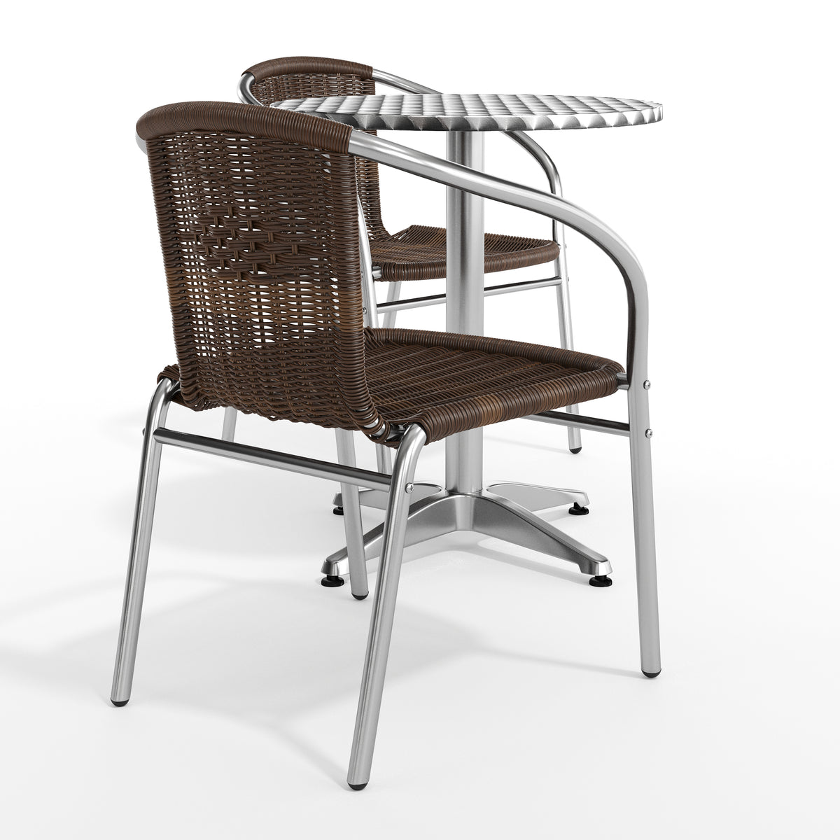 Lila 23.5'' Round Aluminum Indoor-Outdoor Table Set with 2 Dark Brown Rattan Chairs