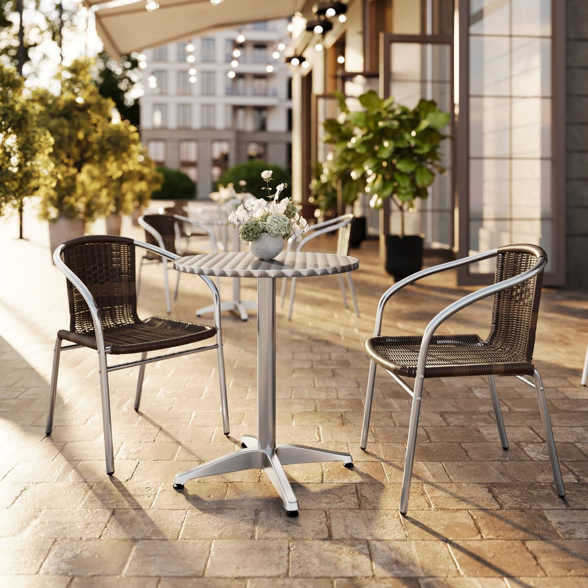 Lila 23.5'' Round Aluminum Indoor-Outdoor Table Set with 2 Dark Brown Rattan Chairs