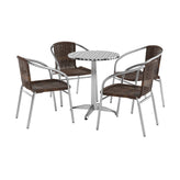 Lila 23.5'' Round Aluminum Indoor-Outdoor Table Set with 4 Dark Brown Rattan Chairs