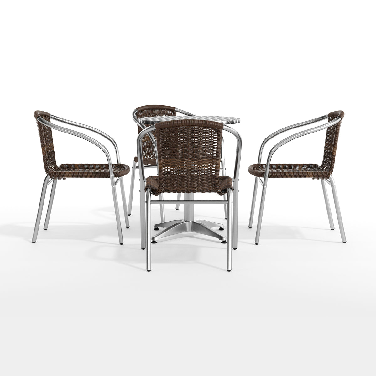 Lila 23.5'' Round Aluminum Indoor-Outdoor Table Set with 4 Dark Brown Rattan Chairs