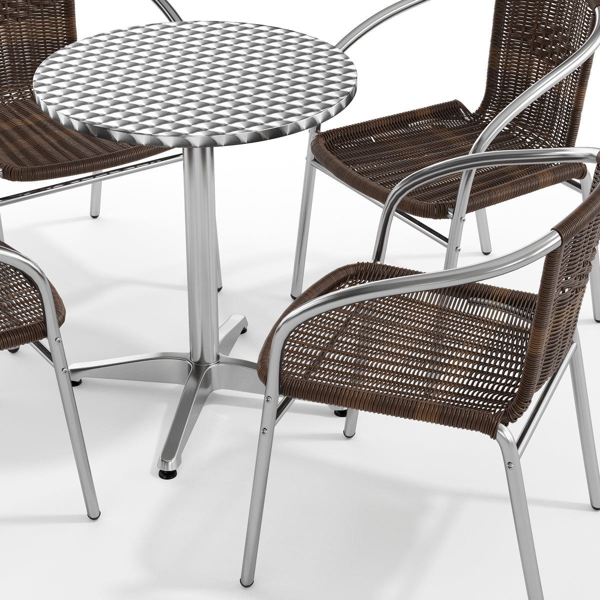 Lila 23.5'' Round Aluminum Indoor-Outdoor Table Set with 4 Dark Brown Rattan Chairs