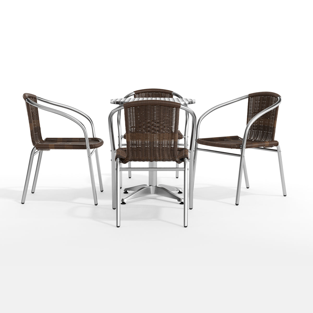 Lila 23.5'' Round Aluminum Indoor-Outdoor Table Set with 4 Dark Brown Rattan Chairs