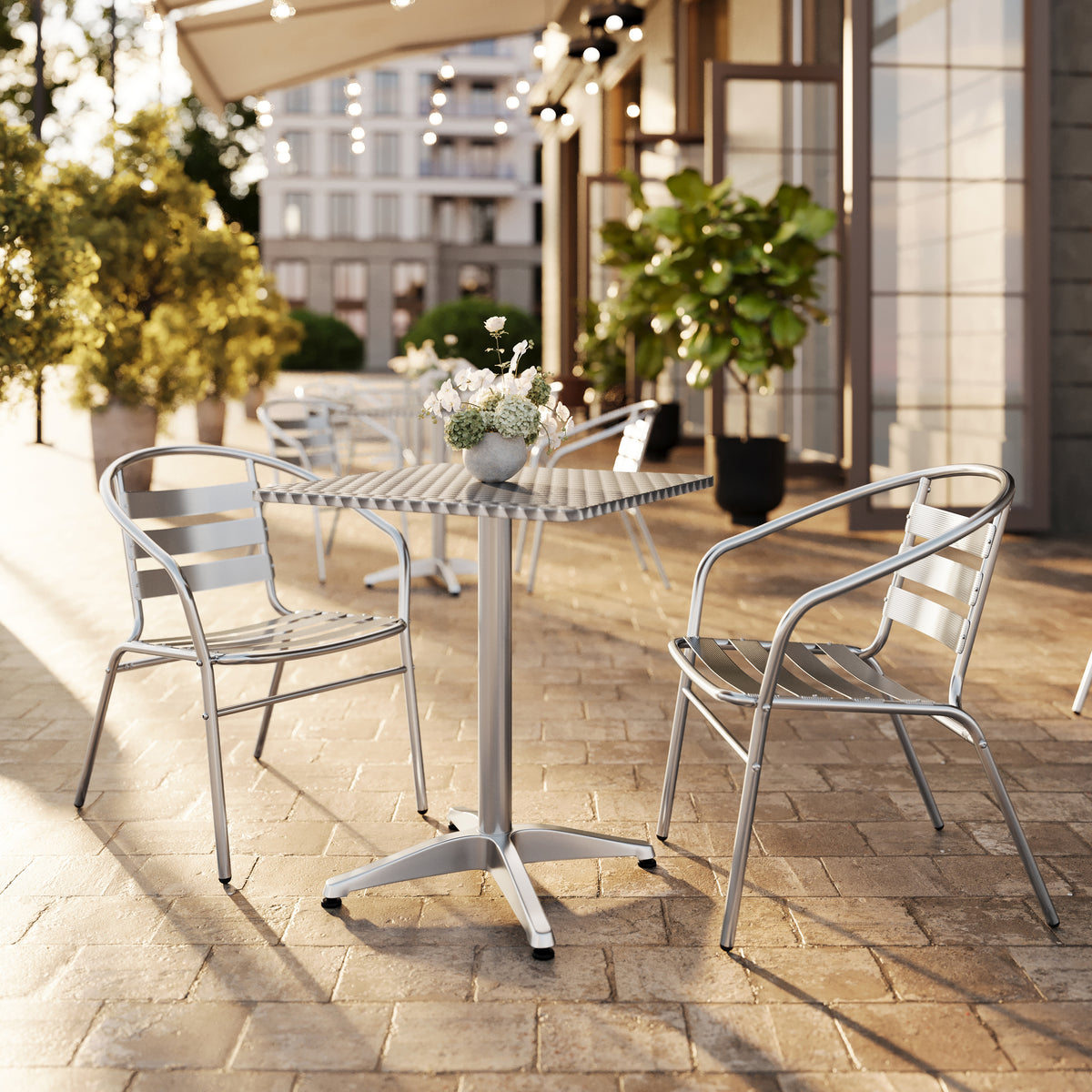 Lila 23.5'' Square Aluminum Indoor-Outdoor Table Set with 2 Slat Back Chairs