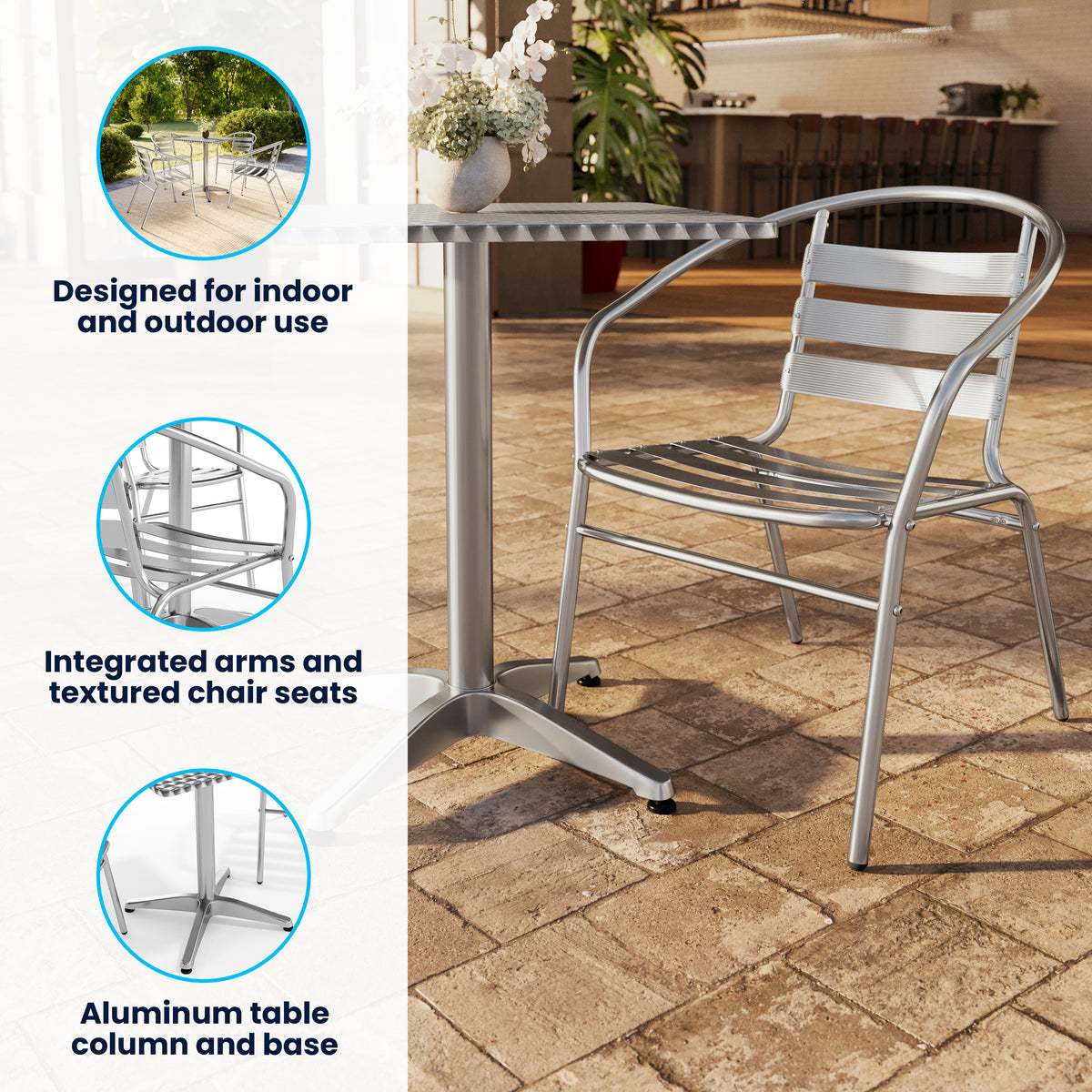 Lila 23.5'' Square Aluminum Indoor-Outdoor Table Set with 4 Slat Back Chairs
