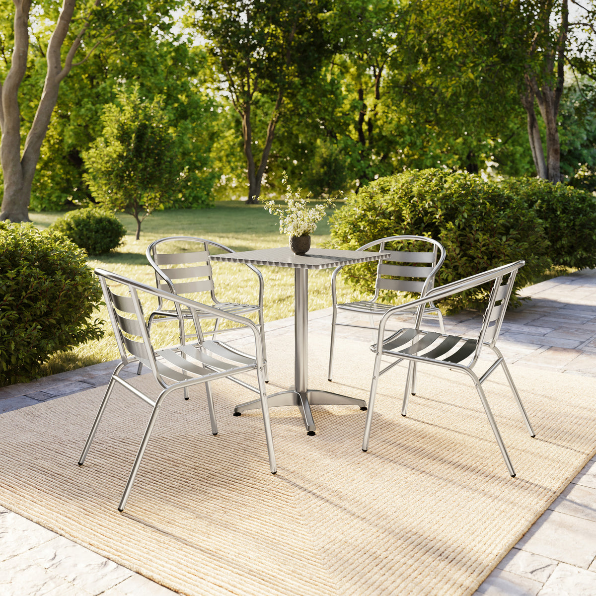 Lila 23.5'' Square Aluminum Indoor-Outdoor Table Set with 4 Slat Back Chairs