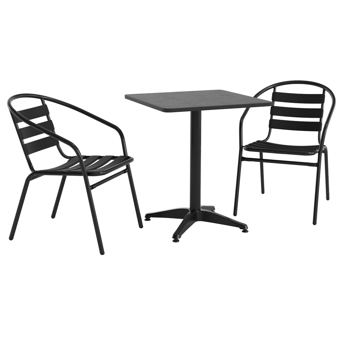 Lila 23.5'' Black Square Aluminum Indoor-Outdoor Table Set with 2 Black Slat Back Chairs