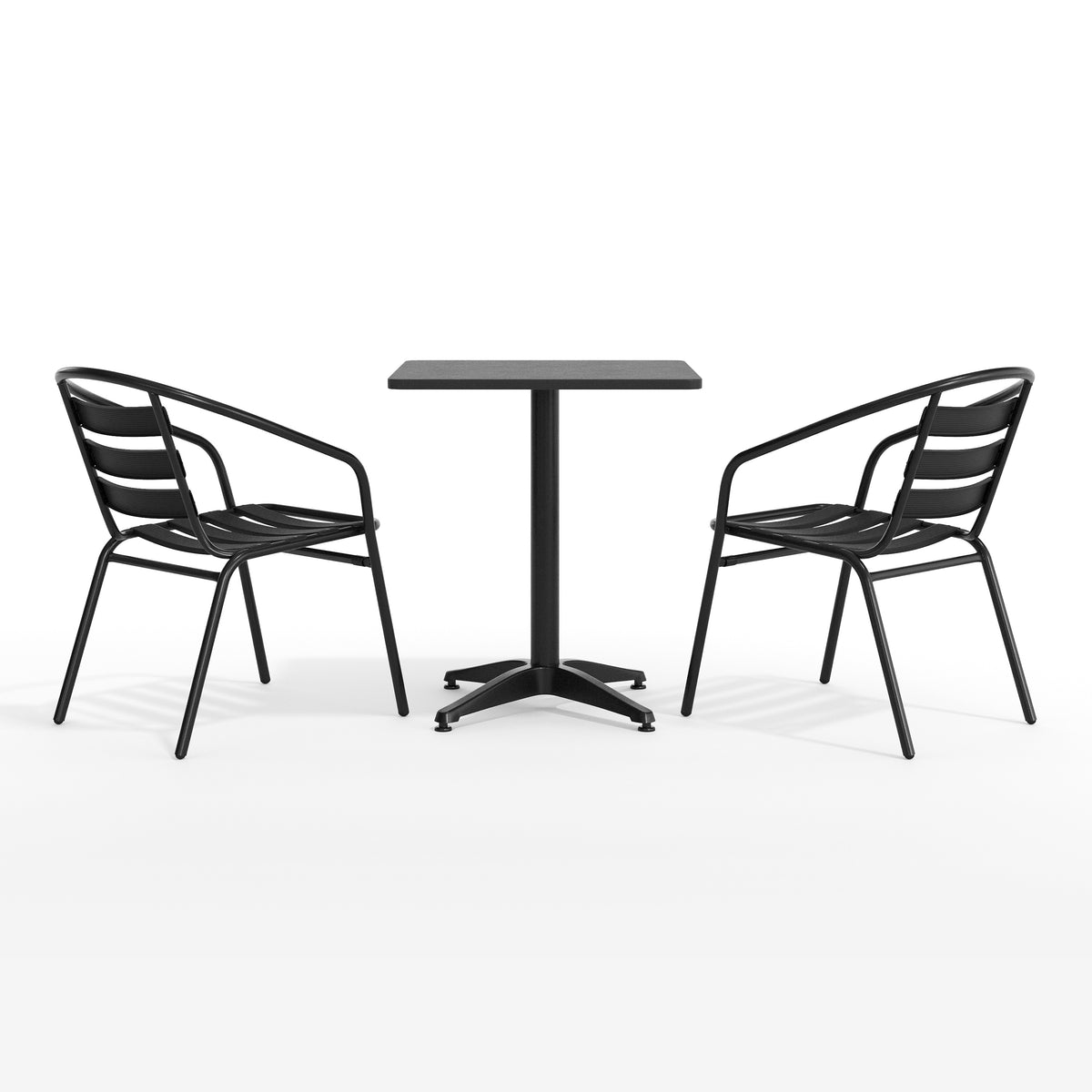 Lila 23.5'' Black Square Aluminum Indoor-Outdoor Table Set with 2 Black Slat Back Chairs