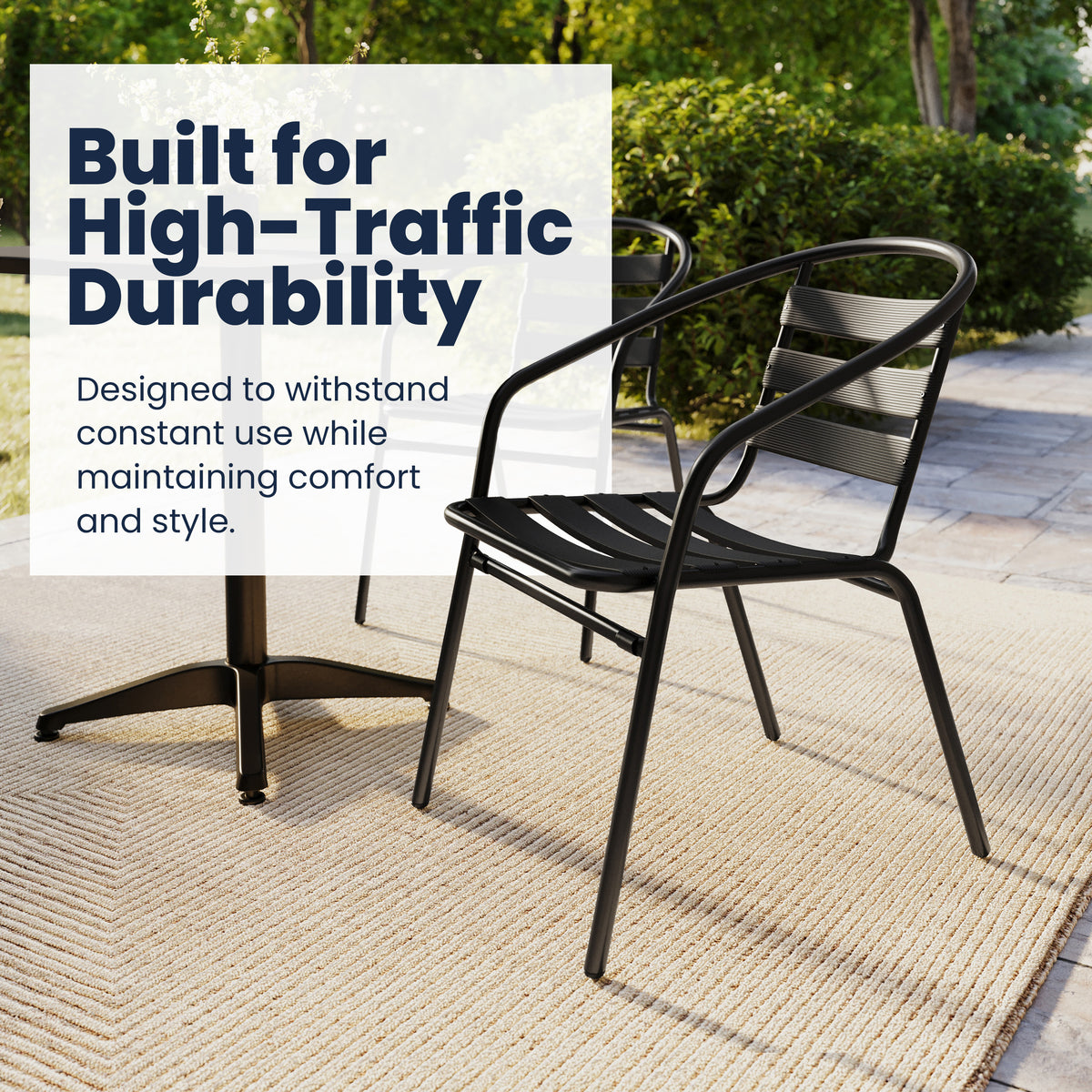 Lila 23.5'' Black Square Aluminum Indoor-Outdoor Table Set with 2 Black Slat Back Chairs