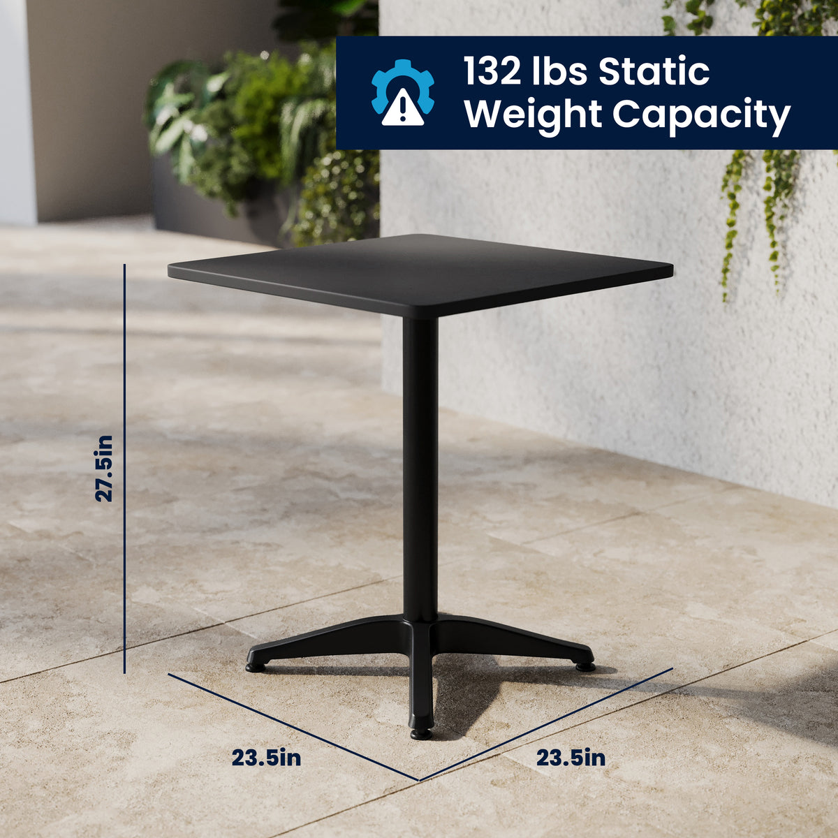 Lila 23.5'' Black Square Aluminum Indoor-Outdoor Table Set with 2 Black Slat Back Chairs