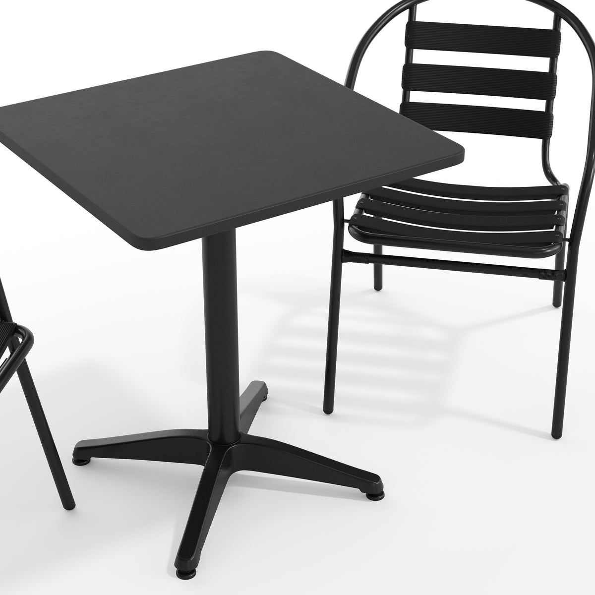 Lila 23.5'' Black Square Aluminum Indoor-Outdoor Table Set with 2 Black Slat Back Chairs