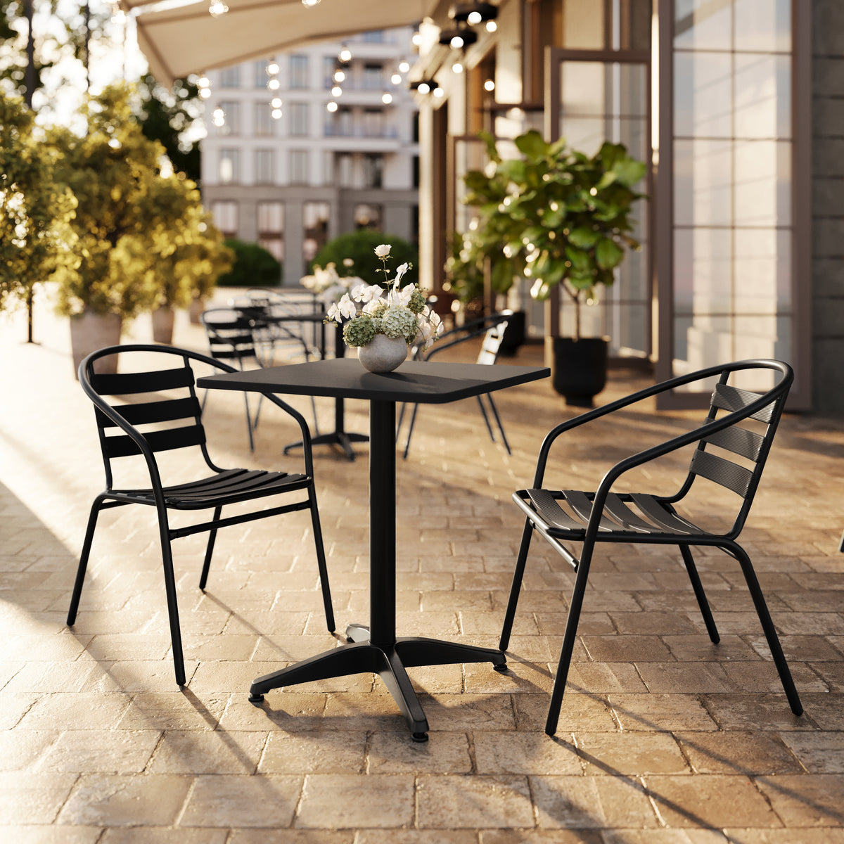 Lila 23.5'' Black Square Aluminum Indoor-Outdoor Table Set with 2 Black Slat Back Chairs