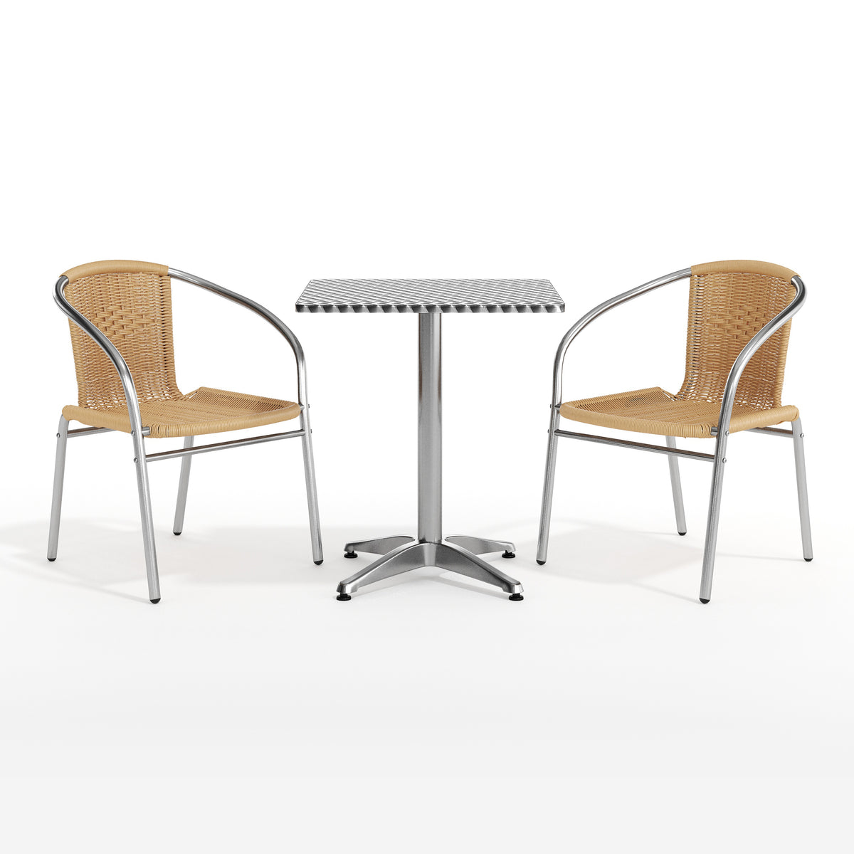 Lila 23.5'' Square Aluminum Indoor-Outdoor Table Set with 2 Beige Rattan Chairs
